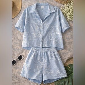 Light Blue Women's Set Button Shirt and Shorts